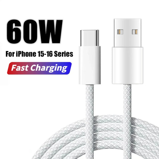 60W USB C Phone Cable for Iphone 16 15 17 Pro Max 17 Air plus Fast Charging Type-C Charge Braided Cables USB to Type C Data Line